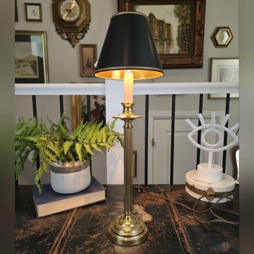 Tall Solid Brass Candlestick Buffet Lamp Black Gold Shade 20" Regency Style VTG